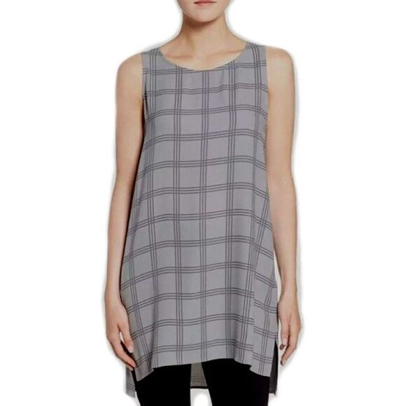 Eileen Fisher Plaid Printed Silk Georgette Crepe Tunic Size Small Window Pane Gr - Picture 7 of 9